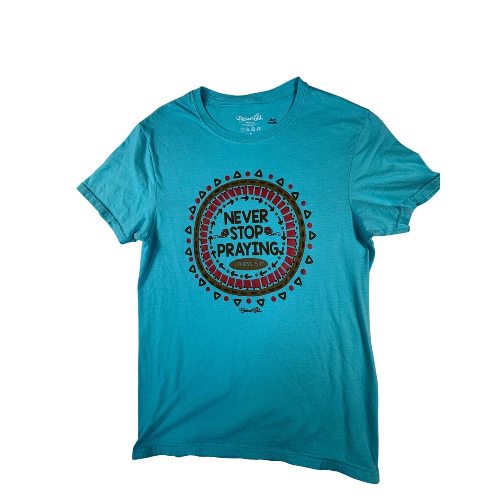Blessed Girl Graphic Tee Women's Small Teal Never Stop Praying Cotton
